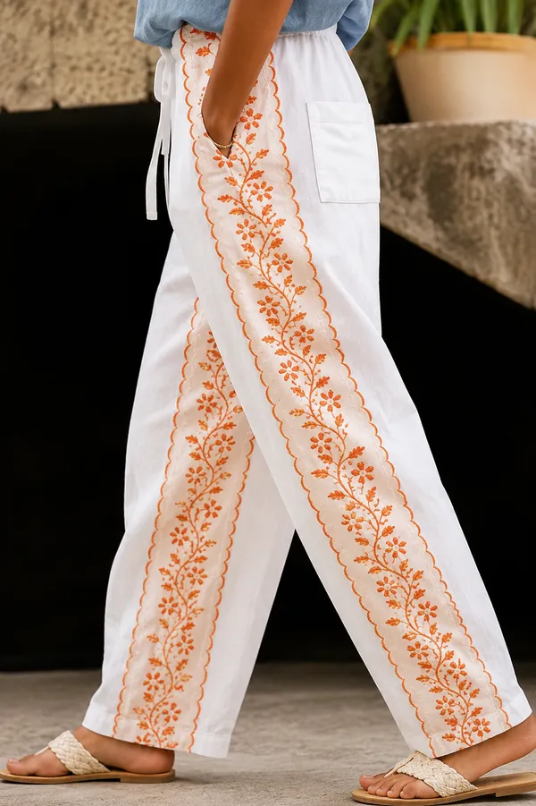 White_And_Orange_Floral_Print_Cotton_Pants_For_Women
