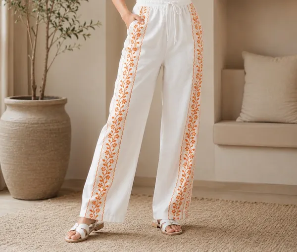 White_And_Orange_Floral_Print_Cotton_Pants_For_Women