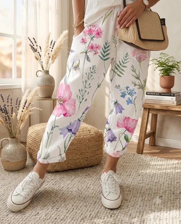 White_Line_Print_Cotton_Pants_For_Women