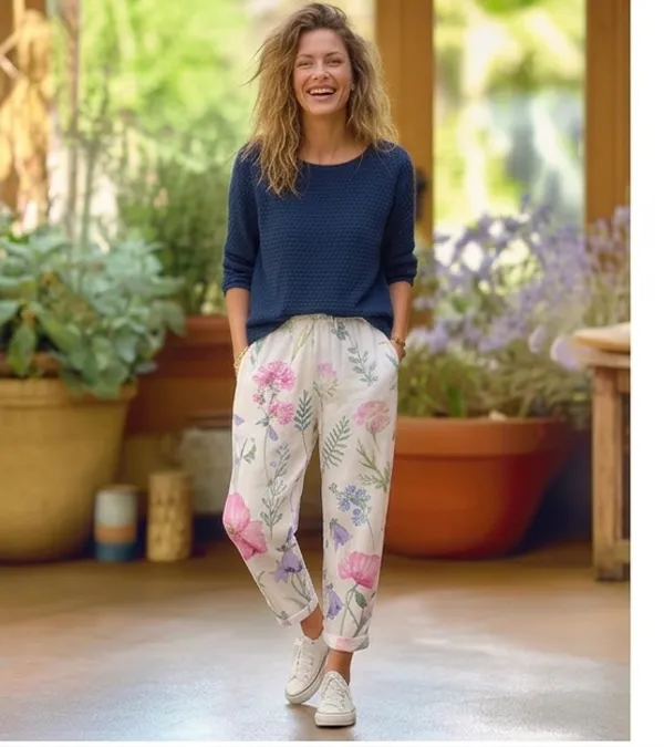 White_Line_Print_Cotton_Pants_For_Women