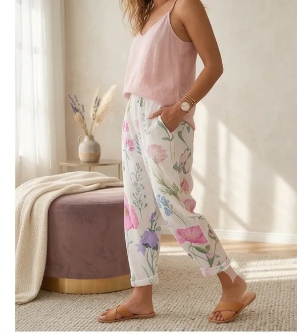 White_Line_Print_Cotton_Pants_For_Women