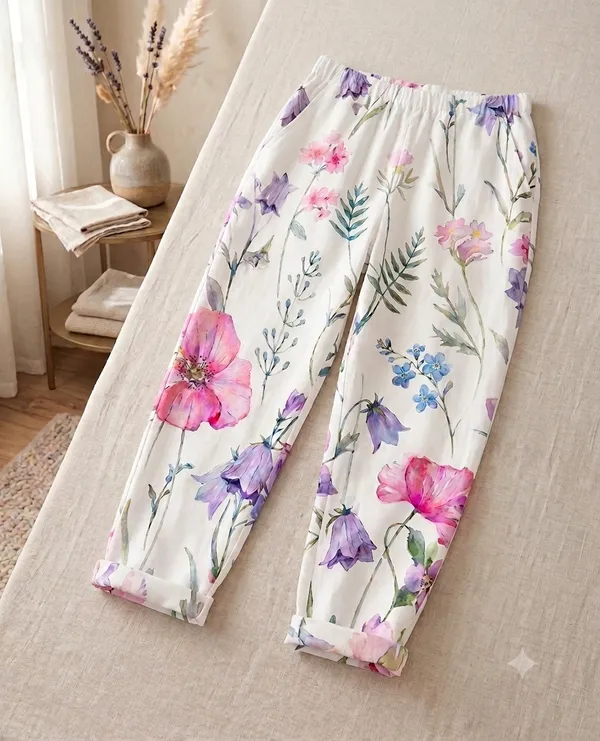 White_Line_Print_Cotton_Pants_For_Women