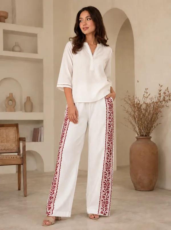 White_And_Red_Floral_Print_Cotton_Pants_For_Women