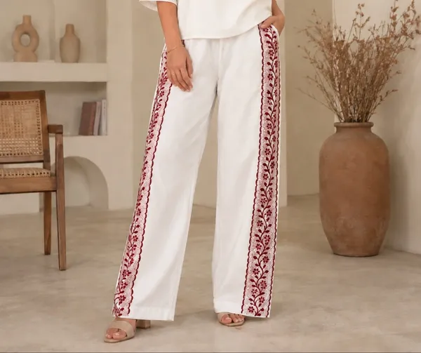 White_And_Red_Floral_Print_Cotton_Pants_For_Women