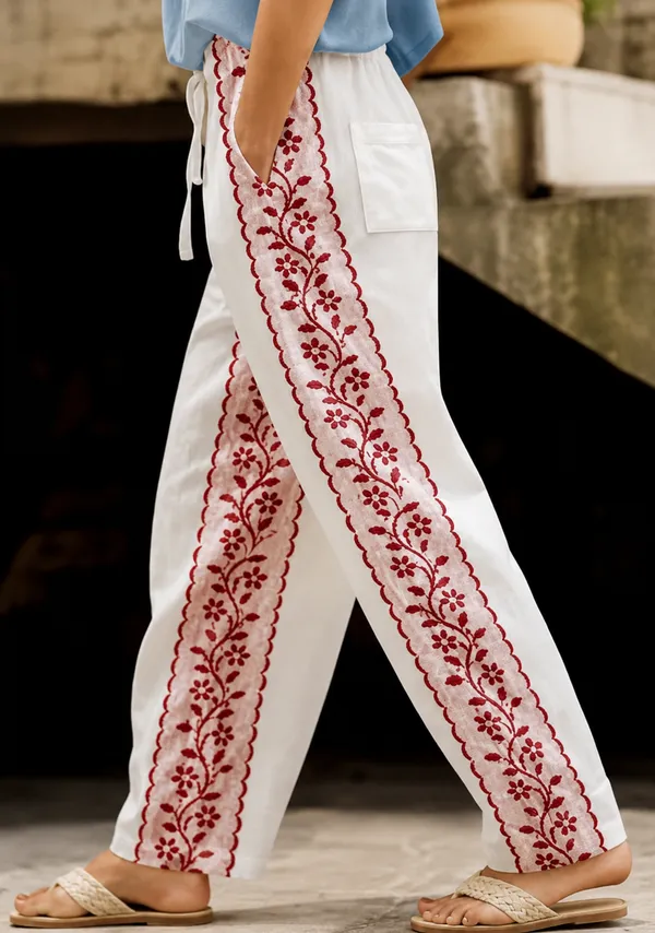 White_And_Red_Floral_Print_Cotton_Pants_For_Women