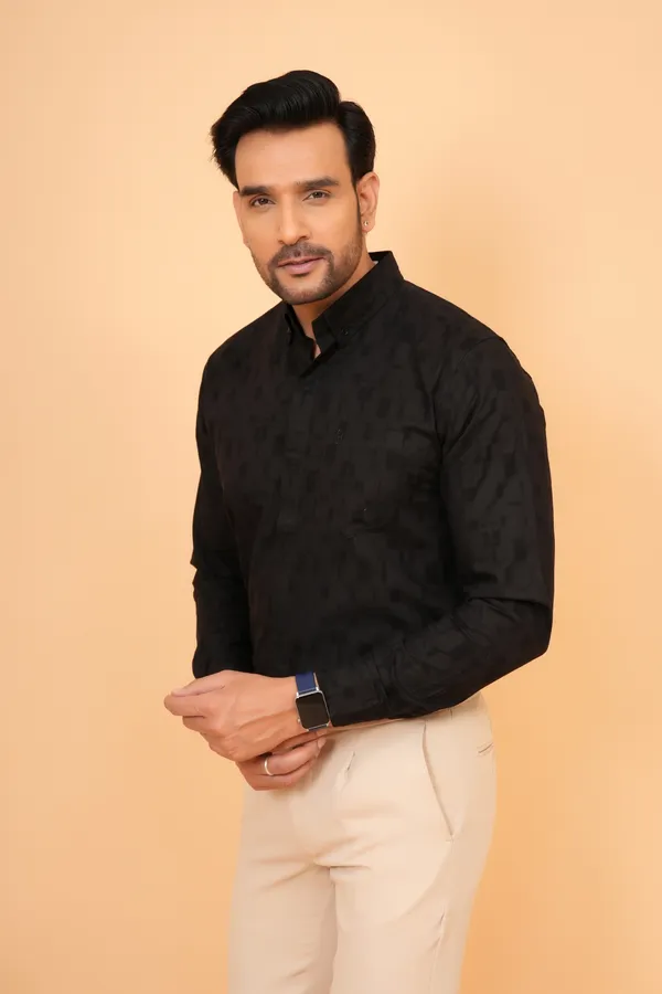 Black_Linen_Mandarin_Collar_Full_Sleeve_Shirt_For_Men