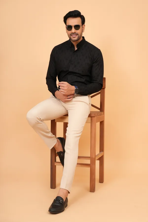 Black_Linen_Mandarin_Collar_Full_Sleeve_Shirt_For_Men