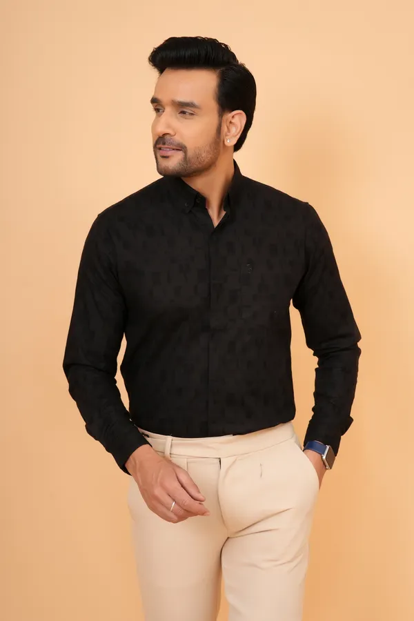 Black_Linen_Mandarin_Collar_Full_Sleeve_Shirt_For_Men