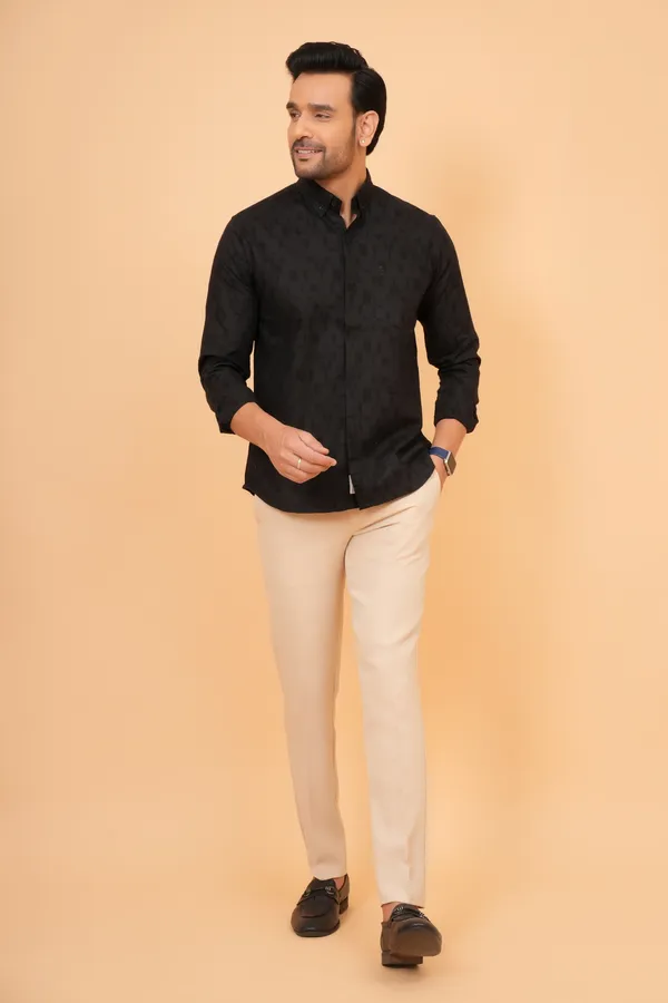 Black_Linen_Mandarin_Collar_Full_Sleeve_Shirt_For_Men
