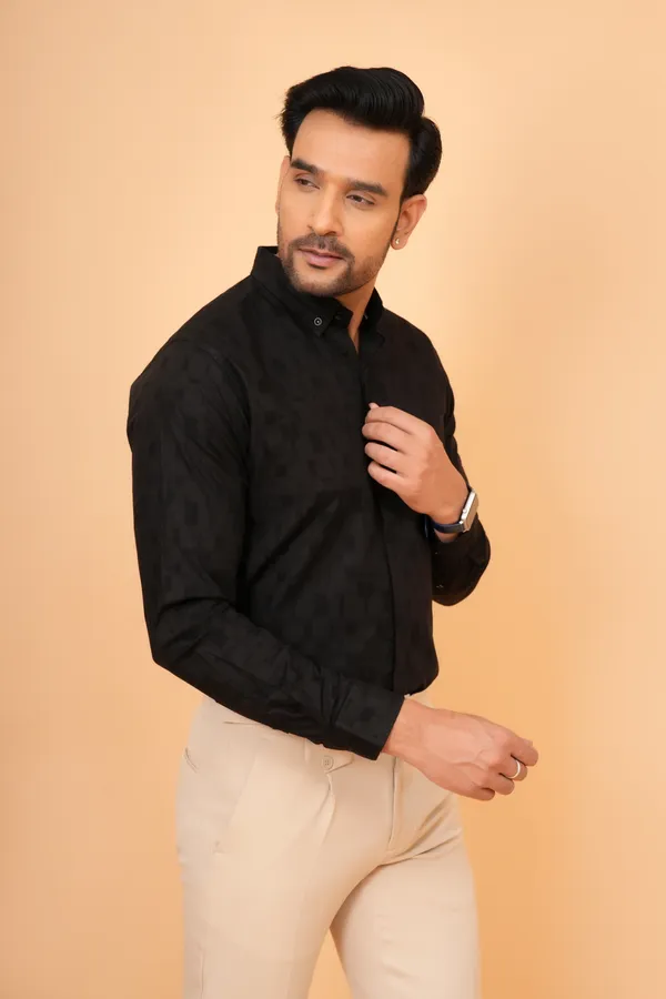 Black_Linen_Mandarin_Collar_Full_Sleeve_Shirt_For_Men