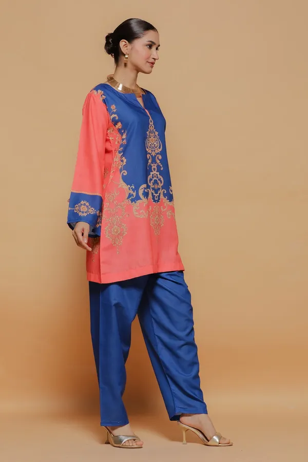 Coral_And_Blue_Printed_Kurta_Set_With_Embroidered_Details_For_Women