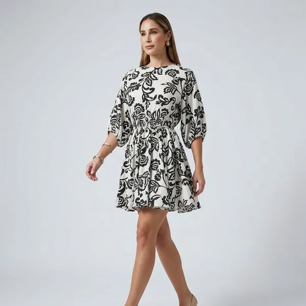 White_And_Black_Floral_Print_Fit_And_Flare_Dress_For_Women