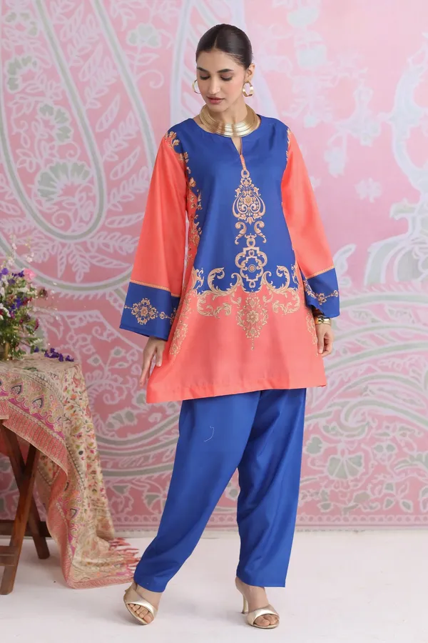 Coral_And_Blue_Printed_Kurta_Set_With_Embroidered_Details_For_Women