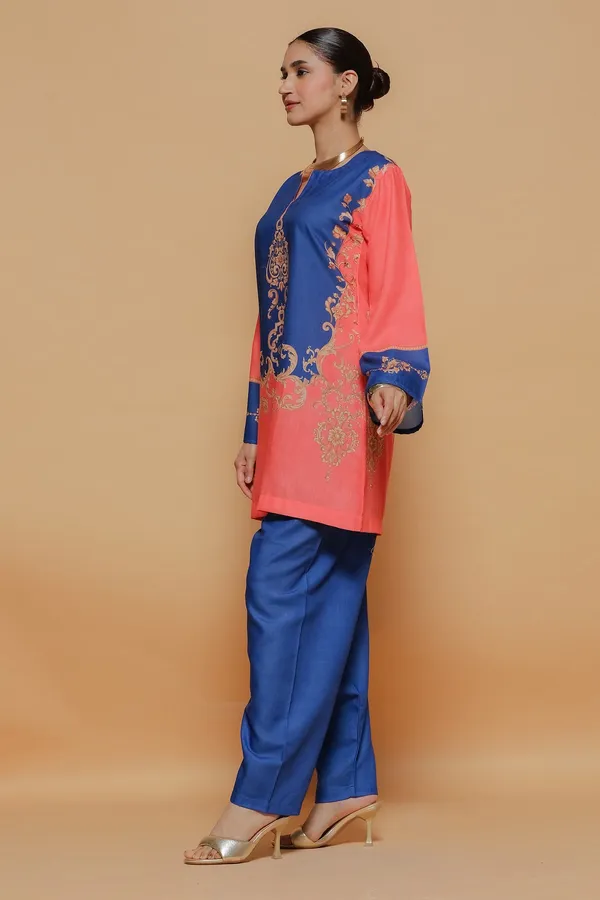 Coral_And_Blue_Printed_Kurta_Set_With_Embroidered_Details_For_Women