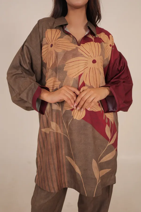 Brown_Floral_Print_Collared_Shirt_And_Trouser_Set_For_Women