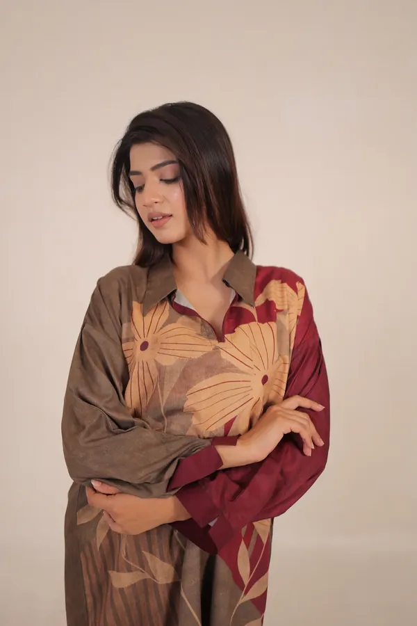 Brown_Floral_Print_Collared_Shirt_And_Trouser_Set_For_Women
