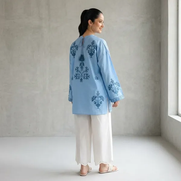 Blue_Linen_Straight_Floral_Embroidered_Cotton_Tunic_For_Women