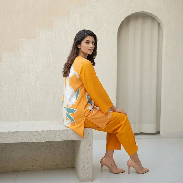 Mustard_Yellow_Floral_Print_Kurta_Pant_Set_For_Women