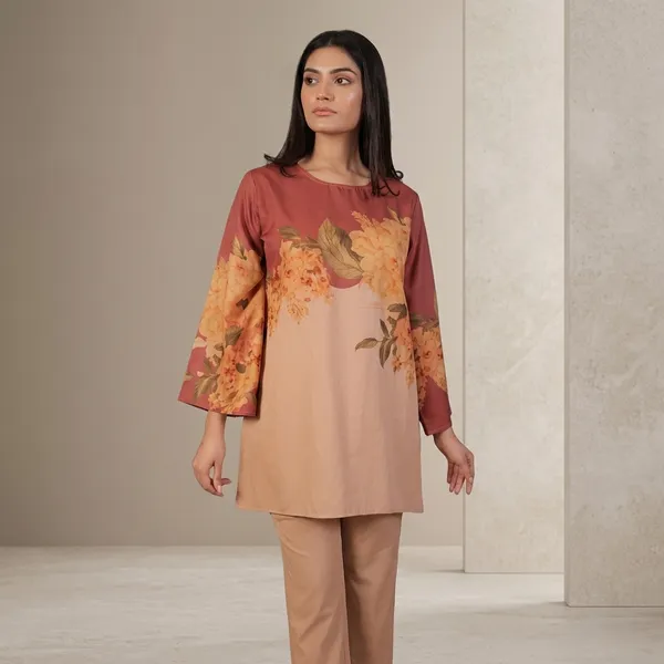 Coral_And_Beige_Floral_Print_Full_Sleeve_Kurti_For_Women