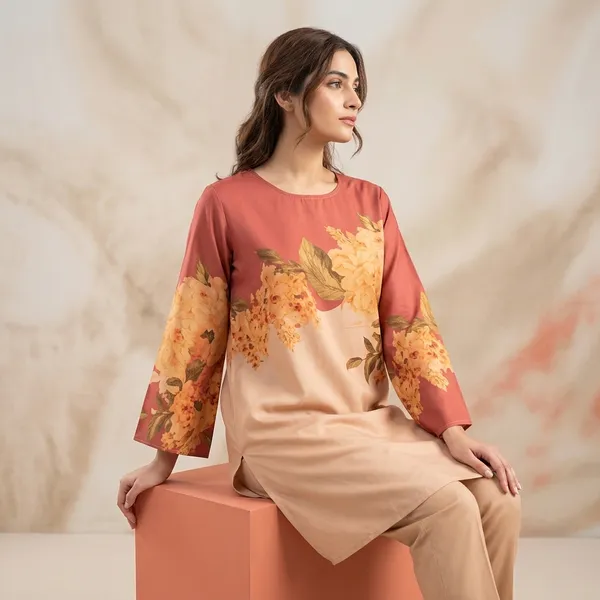 Coral_And_Beige_Floral_Print_Full_Sleeve_Kurti_For_Women