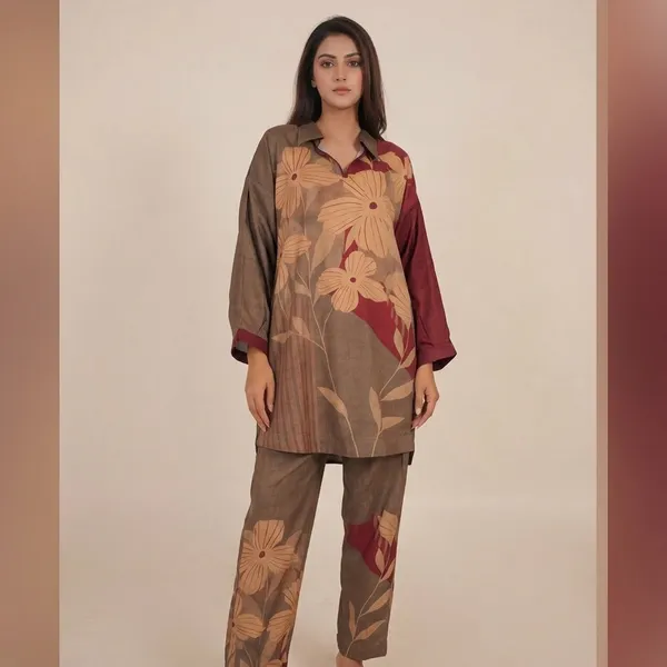 Brown_Floral_Print_Collared_Shirt_And_Trouser_Set_For_Women