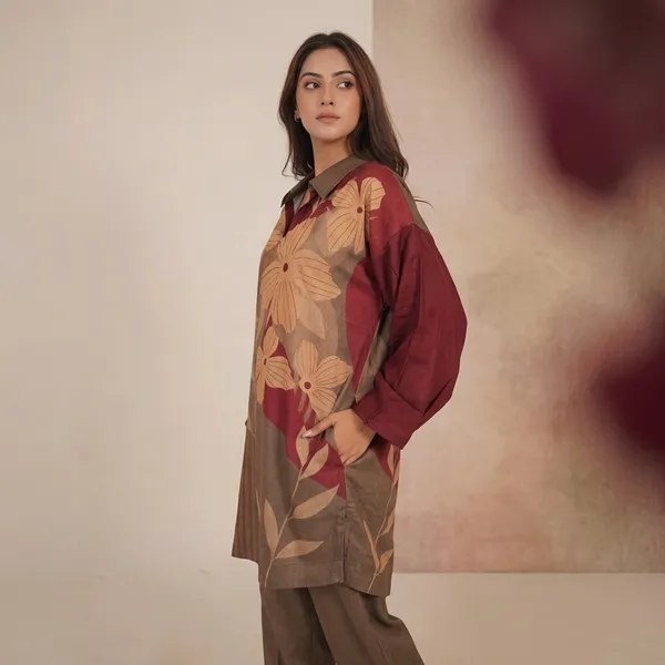 Brown_Floral_Print_Collared_Shirt_And_Trouser_Set_For_Women