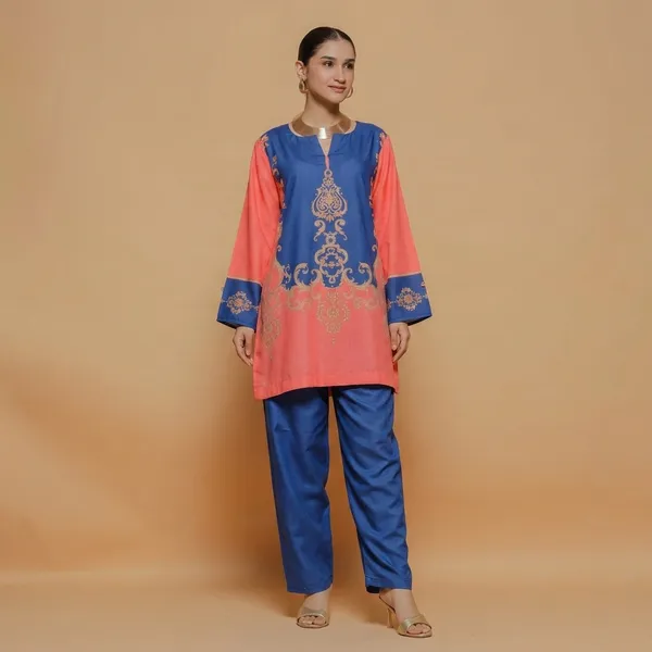 Coral_And_Blue_Printed_Kurta_Set_With_Embroidered_Details_For_Women