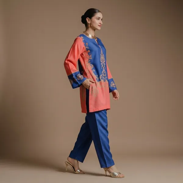 Coral_And_Blue_Printed_Kurta_Set_With_Embroidered_Details_For_Women