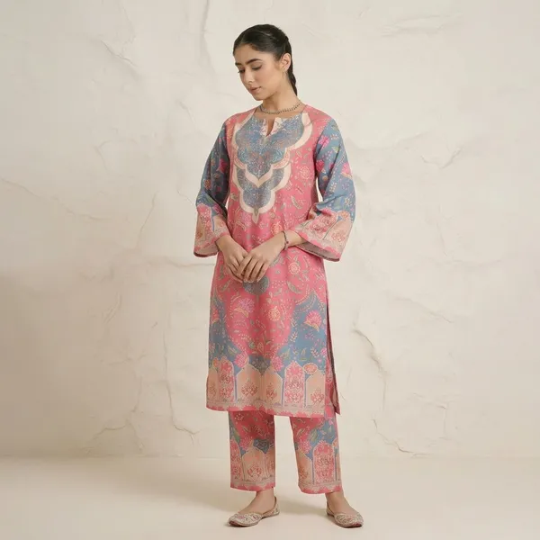 Pink_And_Blue_Floral_Printed_Kurta_Pyjama_Set_For_Women
