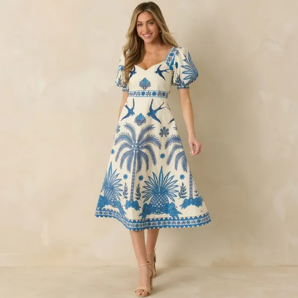 White_And_Blue_Tropical_Print_Puff_Sleeve_Midi_Dress_For_Women