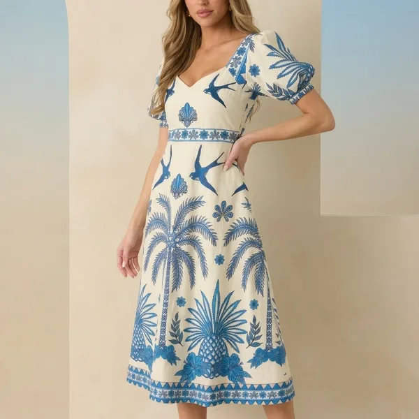 White_And_Blue_Tropical_Print_Puff_Sleeve_Midi_Dress_For_Women