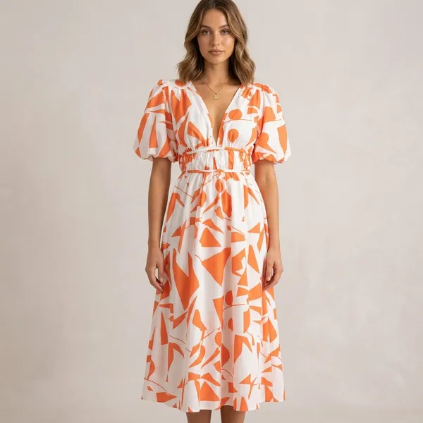 White_And_Orange_Geometric_Print_V-Neck_Midi_Dress_For_Women