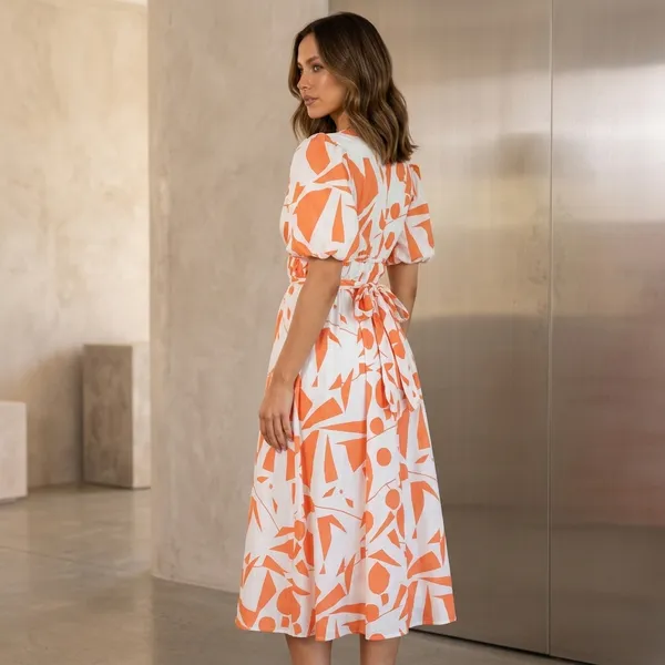 White_And_Orange_Geometric_Print_V-Neck_Midi_Dress_For_Women