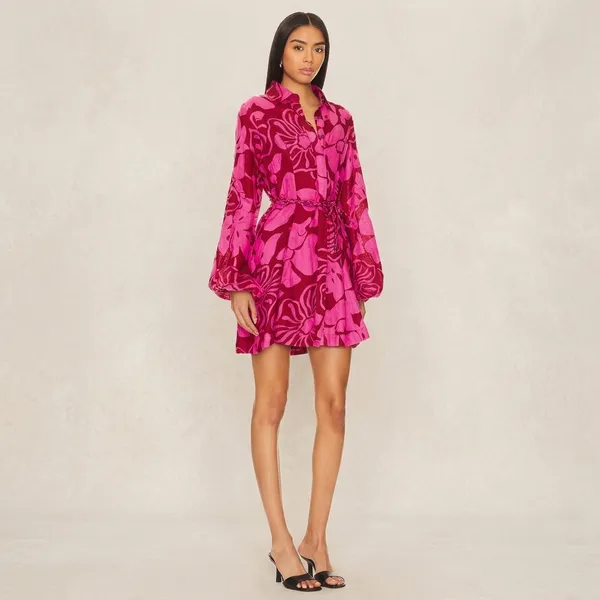Pink_Floral_Print_Belted_Wrap_Mini_Dress_For_Women