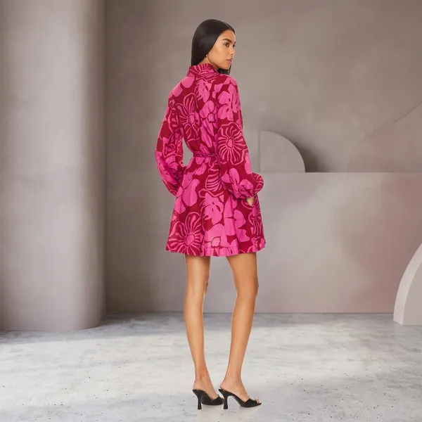 Pink_Floral_Print_Belted_Wrap_Mini_Dress_For_Women
