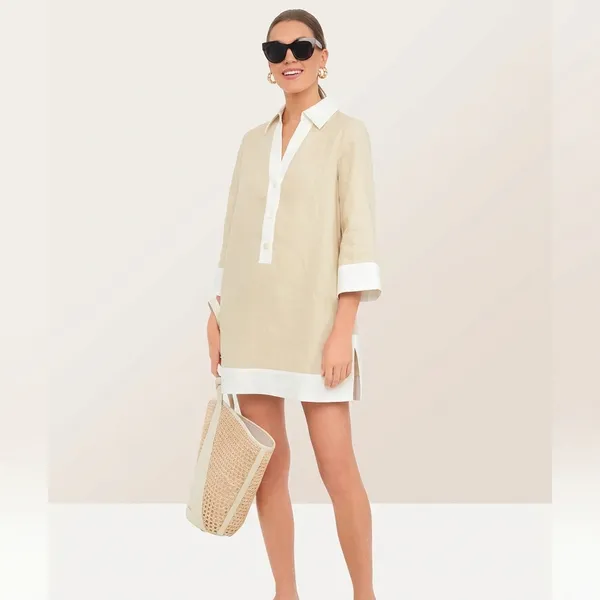 Beige_Linen_Collared_Tunic_Dress_For_Women