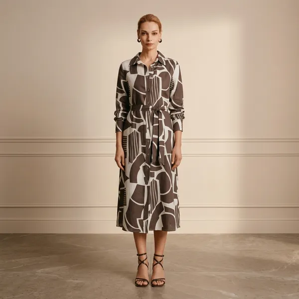 Brown_Linen_Belted_Geometric_Print_Midi_Dress_For_Women