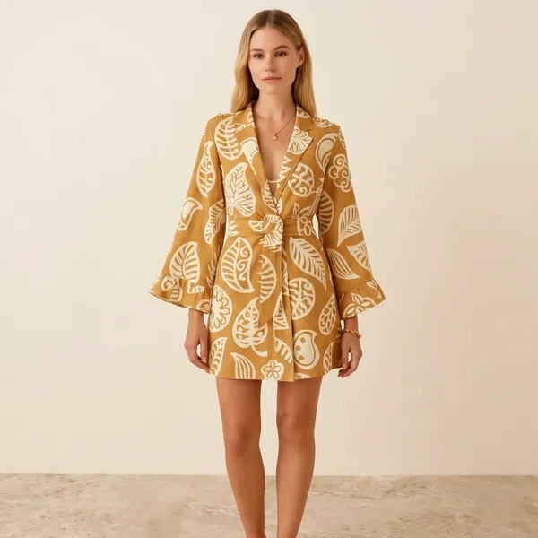 Mustard_And_Yellow_Leaf_Print_Pleated_Dress_For_Women