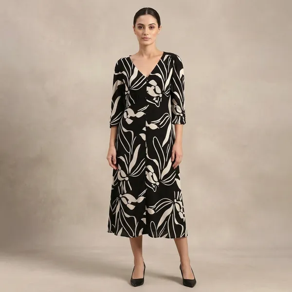 Black_And_White_Abstract_Print_V-Neck_Midi_Dress_For_Women