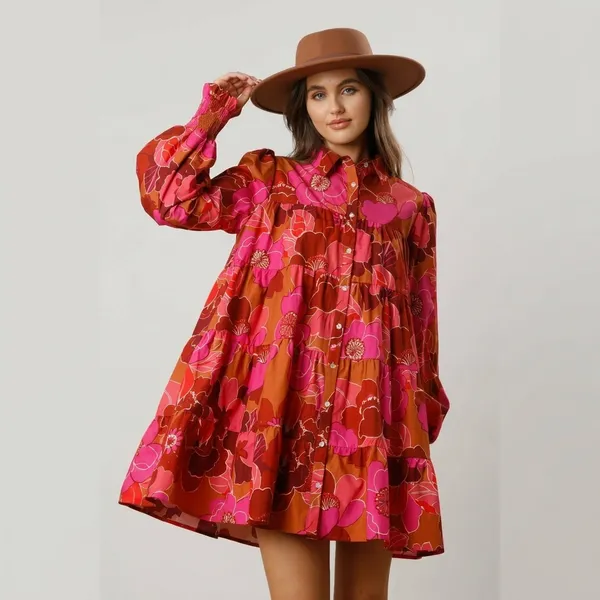 Pink_Floral_Print_Long_Sleeve_Button-Down_Dress_For_Women