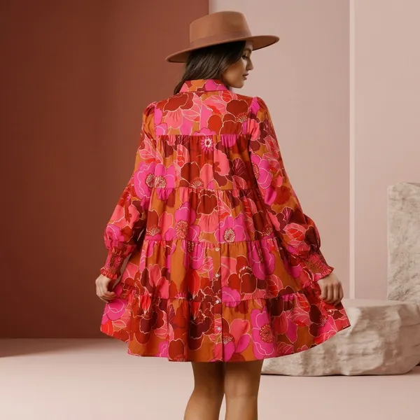 Pink_Floral_Print_Long_Sleeve_Button-Down_Dress_For_Women