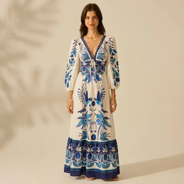 White_And_Blue_Linen_Floral_Embroidered_V-Neck_Maxi_Dress_For_Women