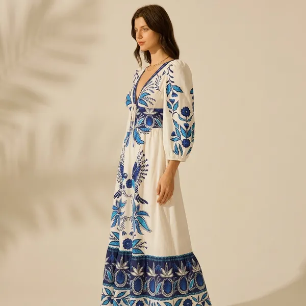 White_And_Blue_Linen_Floral_Embroidered_V-Neck_Maxi_Dress_For_Women
