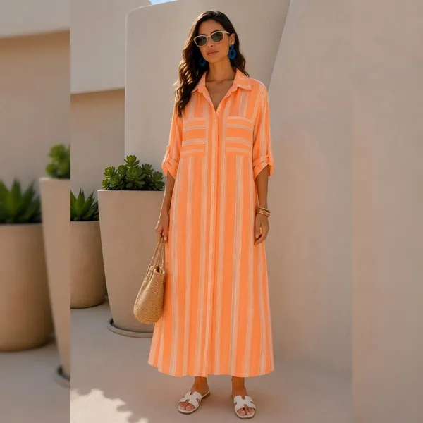 Orange_And_White_Linen_Relaxed_Striped_Collared_Maxi_Dress_For_Women