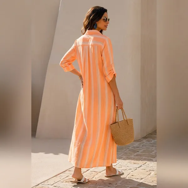 Orange_And_White_Linen_Relaxed_Striped_Collared_Maxi_Dress_For_Women
