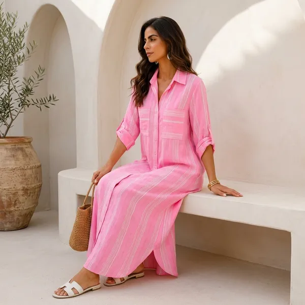 Pink_Linen_Relaxed_Fit_Collared_Maxi_Dress_For_Women