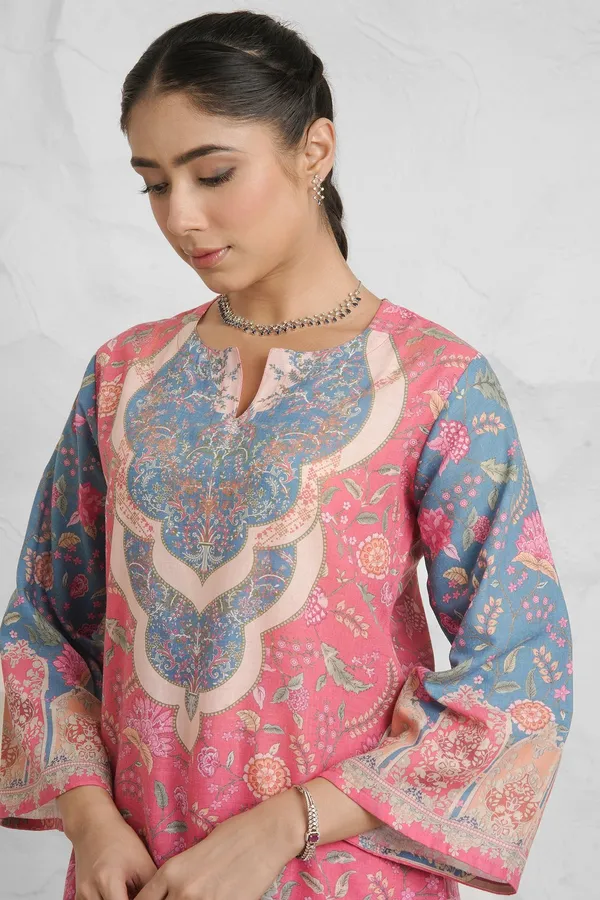 Pink_And_Blue_Floral_Printed_Kurta_Pyjama_Set_For_Women
