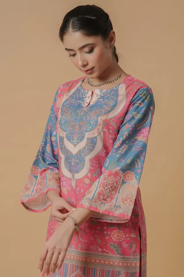 Pink_And_Blue_Floral_Printed_Kurta_Pyjama_Set_For_Women
