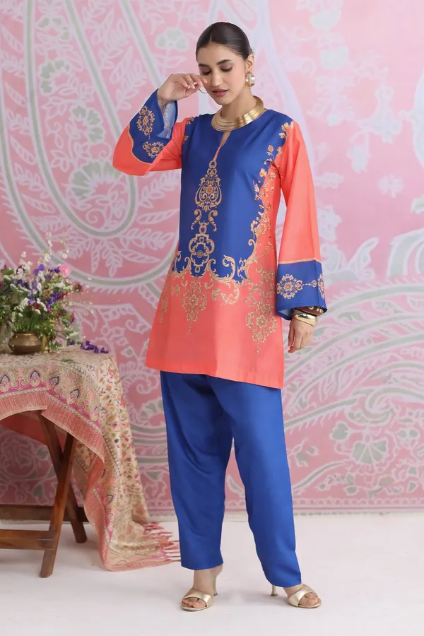 Coral_And_Blue_Printed_Kurta_Set_With_Embroidered_Details_For_Women