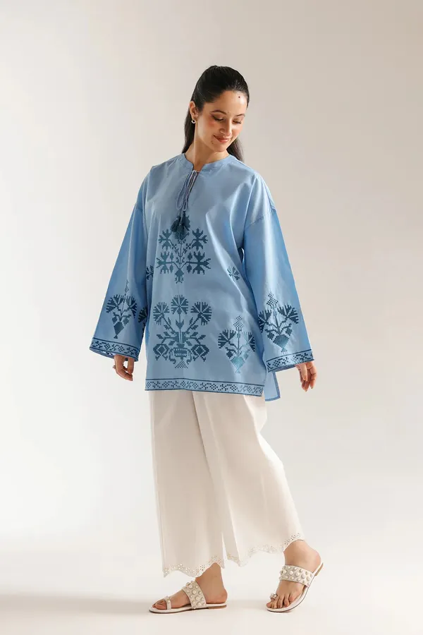 Blue_Linen_Straight_Floral_Embroidered_Cotton_Tunic_For_Women